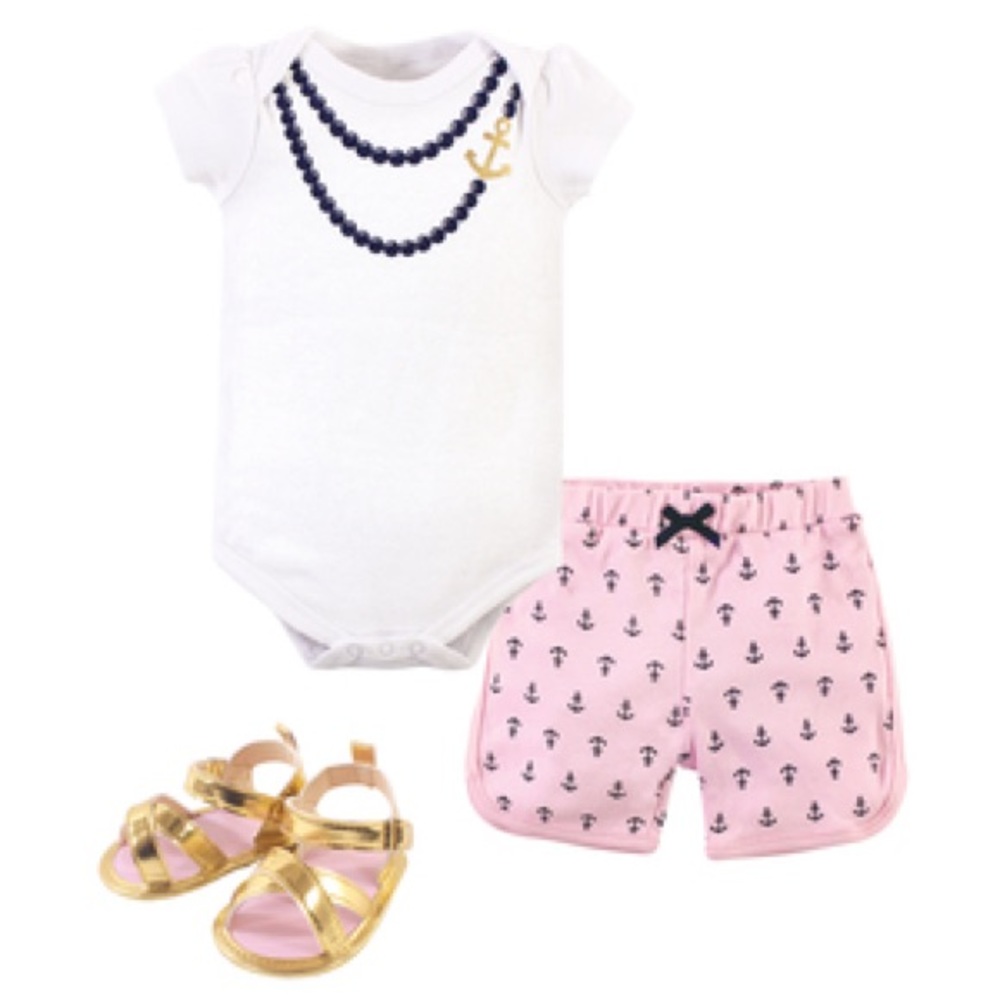 Anchor nautical baby girl short sleeve onesie short gold sandal outfit set
